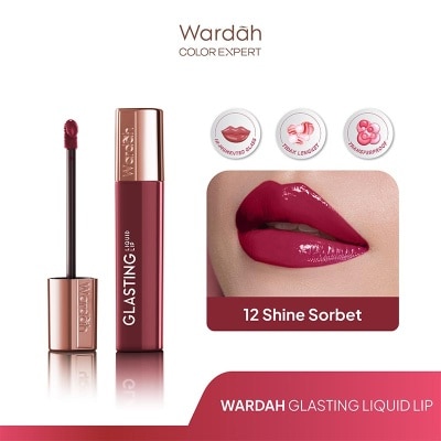 WARDAH Glasting Liquid Lip 12 Shine Sorbet 3.5g - Hi-Pigmented Glass Color, Ringan, Tidak Lengket, Transferproof