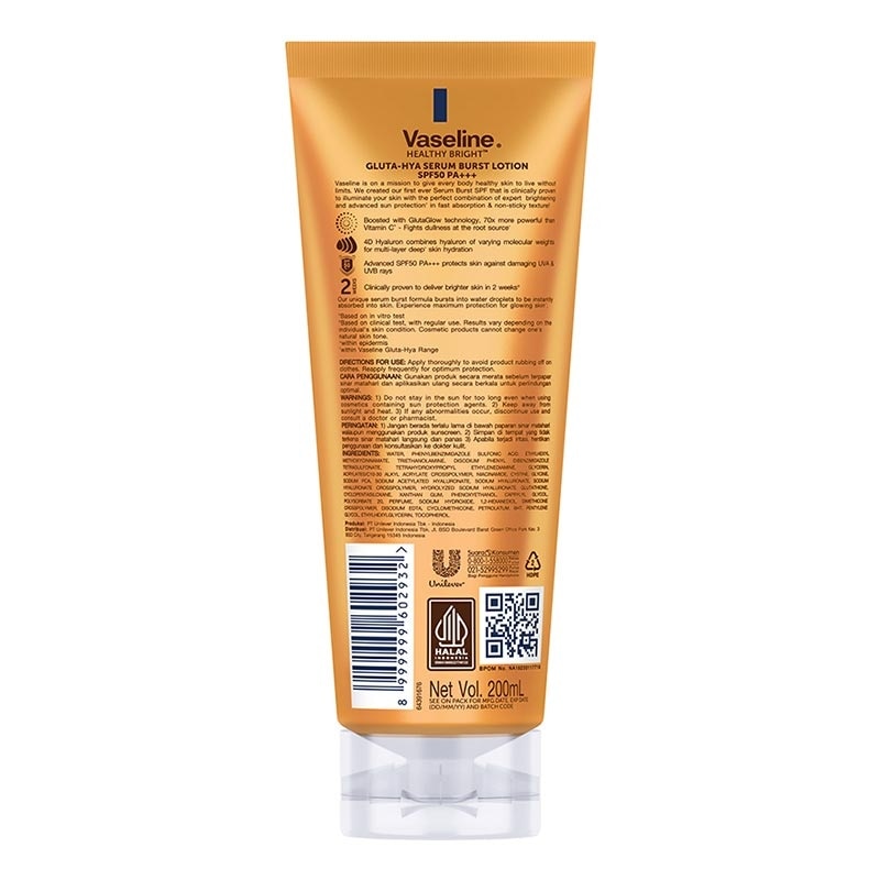 Vaseline Gluta-Hya Serum Burst Sunscreen SPF 50 PA+++ 200ml - Body Serum Sunscreen Mencerahkan