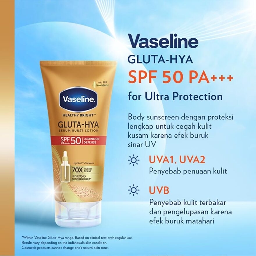 Vaseline Gluta-Hya Serum Burst Sunscreen SPF 50 PA+++ 200ml - Body Serum Sunscreen Mencerahkan