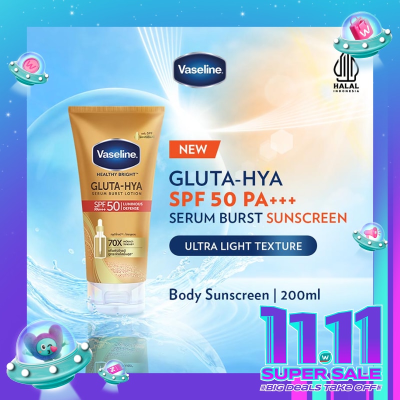Vaseline Gluta-Hya Serum Burst Sunscreen SPF 50 PA+++ 200ml - Body Serum Sunscreen Mencerahkan