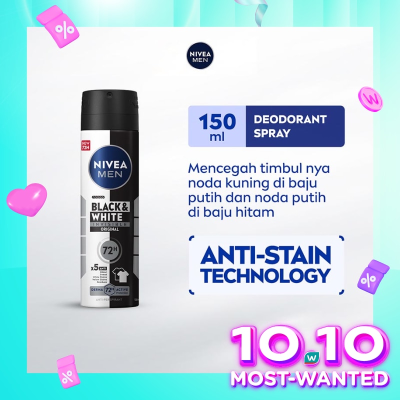 Promo Harga Nivea Men Deo Spray Black & White Invisible Original 150 ml - Watsons