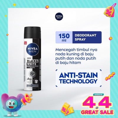 NIVEA - Nivea Men Deodorant Spray Black & White Invisible Original 150ml - Deo anti noda baju wangi segar