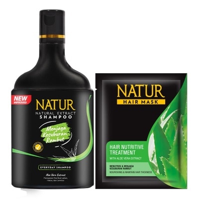 NATUR Natur Shampoo Aloe Vera 140ml & Hair Mask Nutritive Treatment 22.5g (Random Variant) Banded