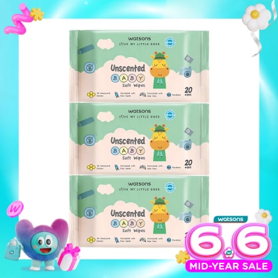 WATSONS - Watsons Unscented Baby Soft Wipes 20'S X 3