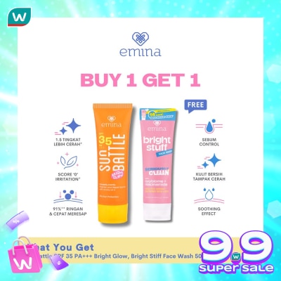 EMINA [Buy 1 Get 1] Emina Sun Battle Bright Glow SPF 35 50ml Free Bright Stuff Face Wash 50ml