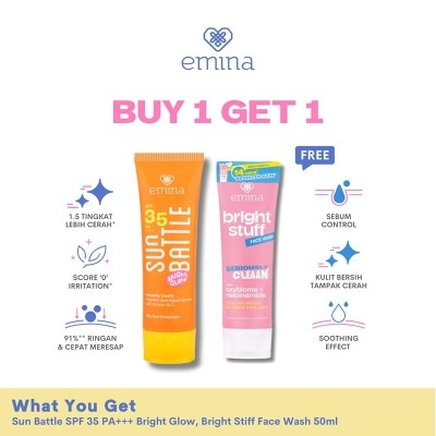 EMINA [Buy 1 Get 1] Emina Sun Battle Bright Glow SPF 35 50ml Free Bright Stuff Face Wash 50ml