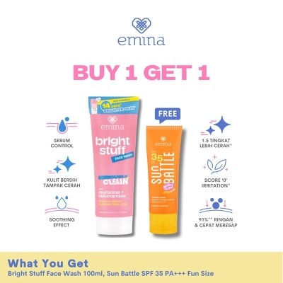 EMINA [Buy 1 Get 1] Emina Bright Stuff Face Wash 100ml Free Sun Battle Bright Glow SPF 35 20ml