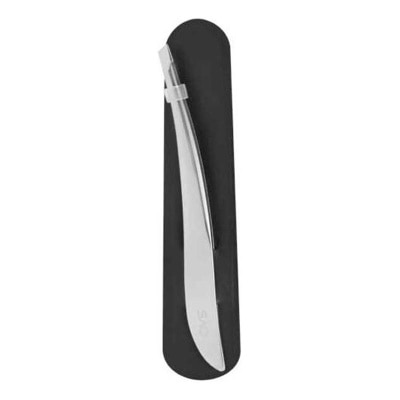 QVS 10-1027 polished luxe slant tip tweezer + pouch