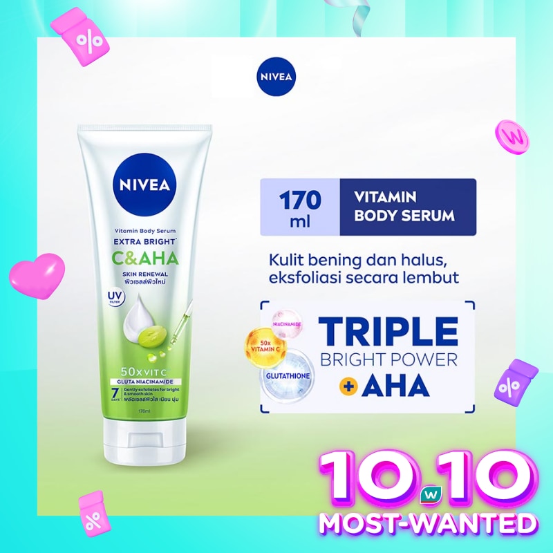 Promo Harga Nivea Extra Bright 10 Super Vitamins & Skin Food Serum 180 ml - Watsons