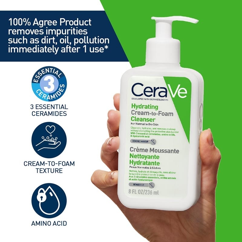 CeraVe Hydrating Cream-to-Foam Facial Cleanser 236ml - Makeup Remover