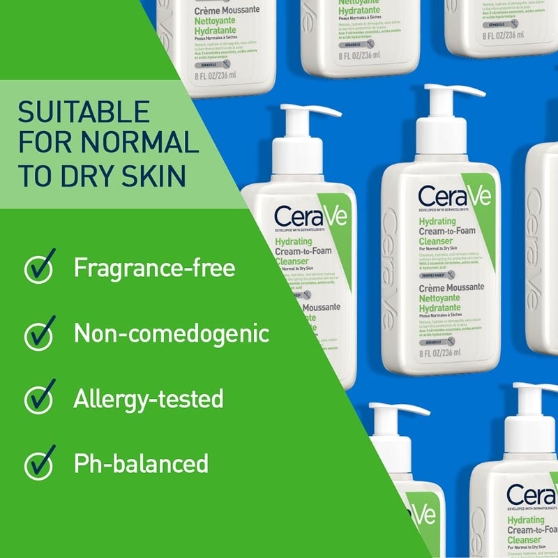 CeraVe Hydrating Cream-to-Foam Facial Cleanser 236ml - Makeup Remover