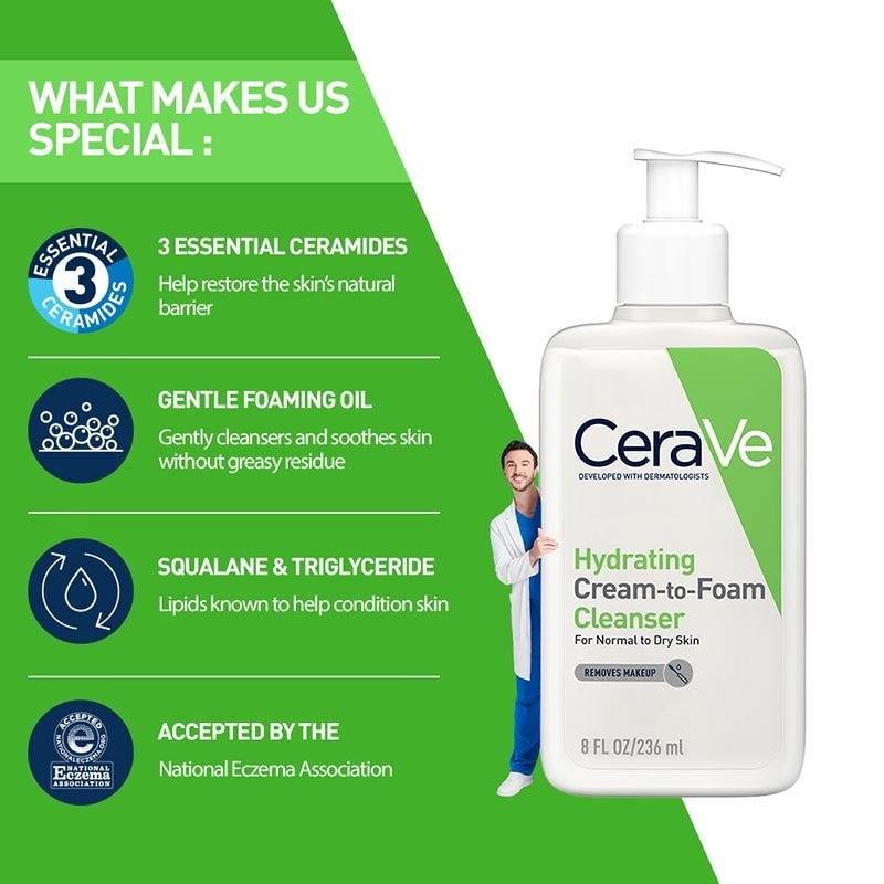 CeraVe Hydrating Cream-to-Foam Facial Cleanser 236ml - Makeup Remover