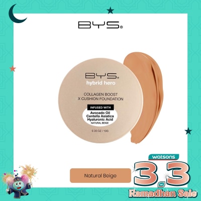 BYS Hybrid Hero Collagen Boost x Cushion Foundation - Lightweight Hydrating SPF 30 Natural Beige 10g