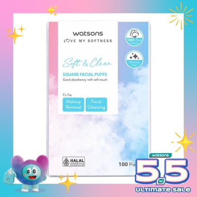 WATSONS - Square Facial Puffs 100pcs Kapas Kotak Bebas Serat
