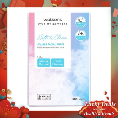 WATSONS Square Facial Puffs 100pcs Kapas Kotak Bebas Serat