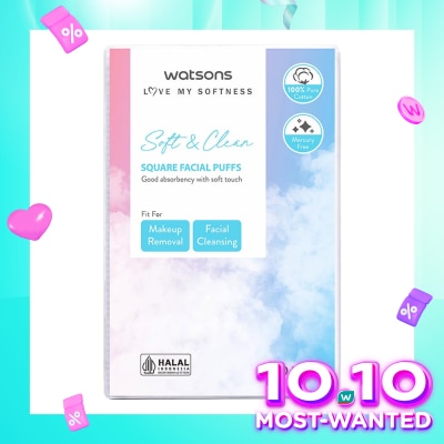 WATSONS Square Facial Puffs 100pcs Kapas Kotak Bebas Serat