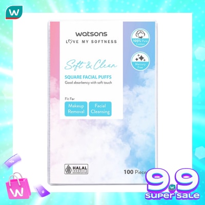 WATSONS Square Facial Puffs 100pcs Kapas Kotak Bebas Serat