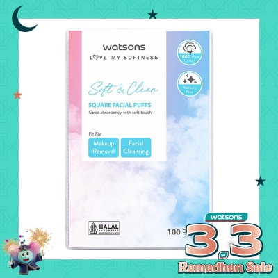 WATSONS Square Facial Puffs 100pcs Kapas Kotak Bebas Serat