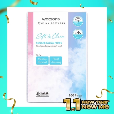 WATSONS Square Facial Puffs 100pcs Kapas Kotak Bebas Serat