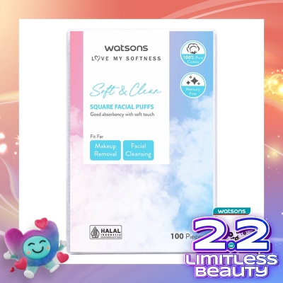 WATSONS Square Facial Puffs 100pcs Kapas Kotak Bebas Serat