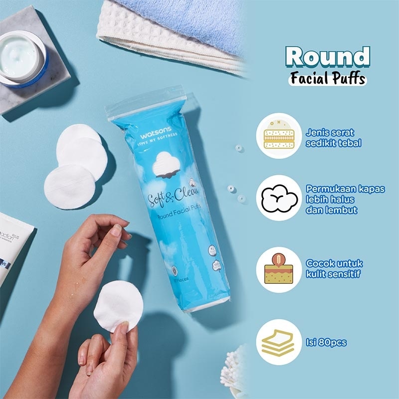 Soft & Clean Round Facial Puffs 80pcs Kapas Bulat