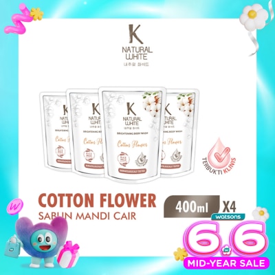 K NATURAL - White Sabun Mandi Cair Cotton Flower Pouch Bundle 4 X 400ml