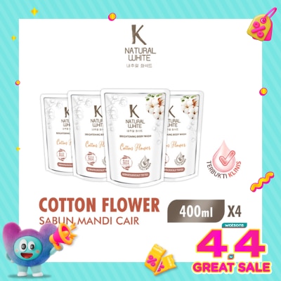 K NATURAL - White Sabun Mandi Cair Cotton Flower Pouch Bundle 4 X 400ml