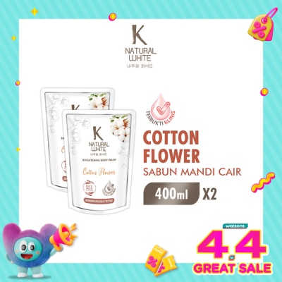 K NATURAL - White Twin Pack Sabun Mandi Cair Cotton Flower Pouch 400ml