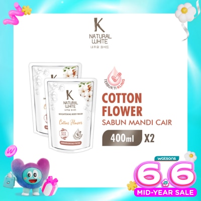 K NATURAL - White Twin Pack Sabun Mandi Cair Cotton Flower Pouch 400ml