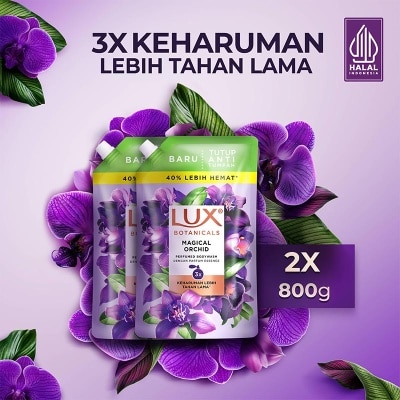 LUX - Twinpack Sabun Mandi Cair Botanicals Magical Orchid Perfumed with Essence Perfume Pouch 800ml X 2 image
