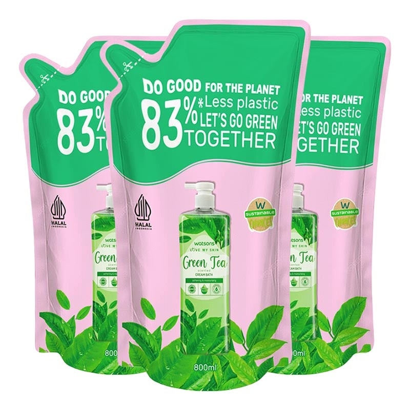 Triple Pack Green Tea Scented Cream Bath Pouch 800ml image