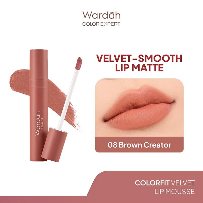 Colorfit Velvet Matte Lip Mousse 08 Brown Creator 4g - Lip Cream Tahan Lama - Tahan Air - Hasil Matte dan Tidak Lengket - Tekstur Creamy dan Nyaman Digunakan